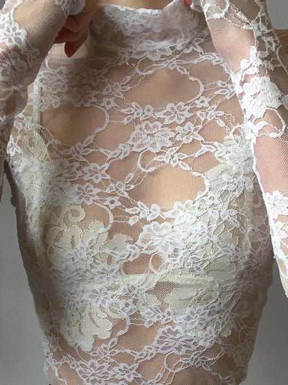 Blusa Elegante para Mujer – Encaje Floral, Manga Larga y Diseño Transparente