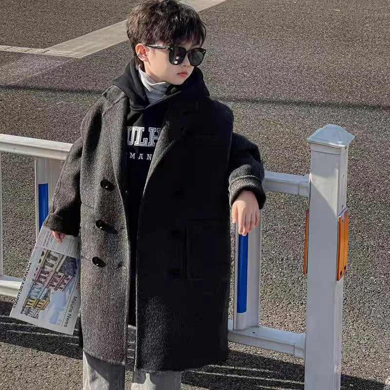 Ropa Infantil Coreana, Abrigo de Lana de Doble Cara para Niños y Niñas, Abrigo Largo de Lana Coreana, Abrigo de Algodón Imitación de Doble Cara