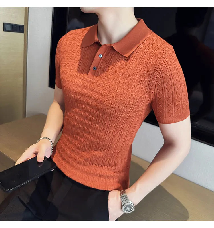 Polo de manga corta de punto Jacquard para hombre, camiseta de Golf con solapa de moda, ajustada, nueva