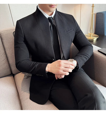 Chaqueta de traje con cuello levantado de alta calidad para hombre, chaquetas de negocios informales, abrigo coreano con gofres para boda, novio, banquete, vestido de fiesta, 2025