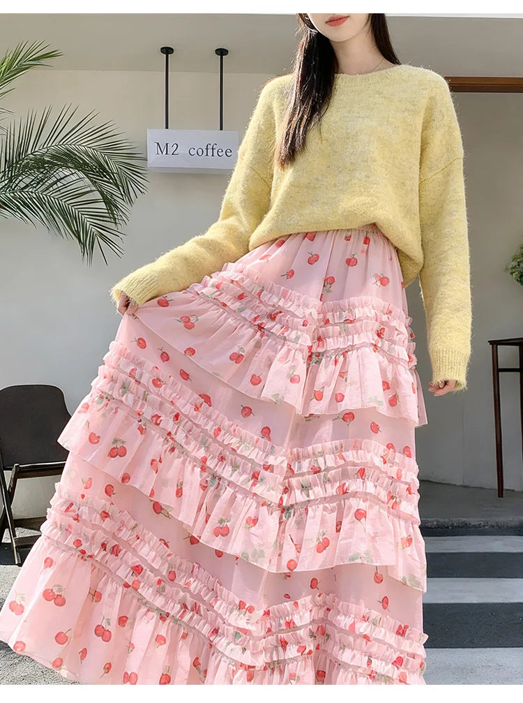 Primavera Verano 2026 Falda Larga de Tul Estampada de Cintura Alta con Empalmes Asimétricos, Falda de Pastel Colorida, Estilo...