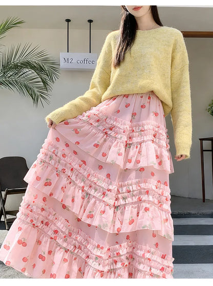 Primavera Verano 2026 Falda Larga de Tul Estampada de Cintura Alta con Empalmes Asimétricos, Falda de Pastel Colorida, Estilo...