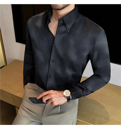 Camisa de manga larga de seda de imitación para hombre, camisa informal estampada de Color degradado a la moda, ropa Social de negocios, ropa de calle para hombre
