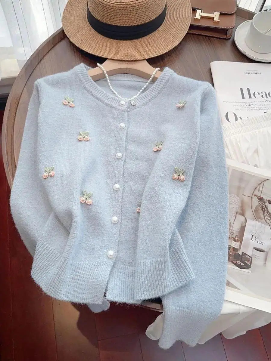 Cárdigan de punto suave y dulce para mujer, cuello redondo, versátil, estilo coreano, suéter de manga larga, abrigo, moda de ...
