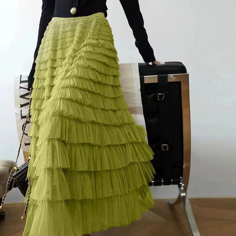 Falda larga de tul de talla grande para mujer, cintura alta, estilo A, con capas, elegante, para 200 libras, estilo coreano, ...