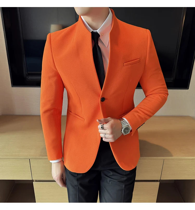 Chaqueta de traje con cuello levantado de alta calidad para hombre, chaquetas de negocios informales, abrigo coreano con gofres para boda, novio, banquete, vestido de fiesta, 2025