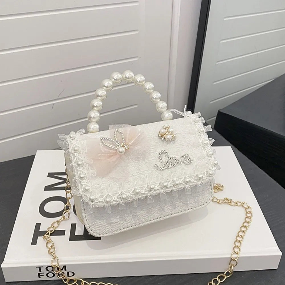 Bolso Bandolera Infantil de Encaje con Perlas, Ligero, Estilo Princesa, con Correa Ajustable