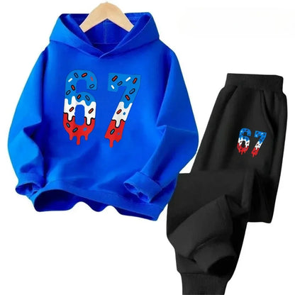 67 conjunto de sudaderas con capucha elegantes para niños de 4 a 13 años, ropa de calle coreana, chándal de bloque, sudadera cómoda a la moda para niños, conjuntos de 2 uds, traje de pantalón