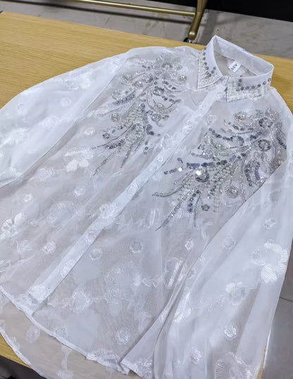 Blusas blancas De gran tamaño con perlas y lentejuelas De diamantes De lujo para Mujer, Tops con mangas acampanadas para primavera y verano 2025, Camisas De Mujer