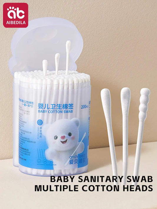 AIBEDILA Hisopos de algodón para bebés, palitos suaves no irritantes para limpiar la cera del oído, cuidado del recién nacido, higiene infantil, 200 unidades/1 caja