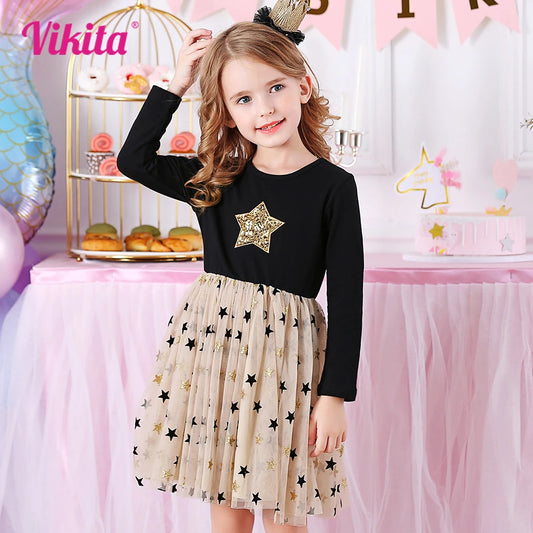 VIKITA, Vestidos de otoño para niñas, vestido de princesa con lentejuelas de estrellas, Vestidos de fiesta de manga larga para niñas, vestido para niñas, ropa para niños