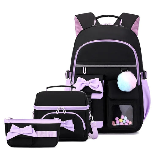 Juego de 3 mochilas escolares para estudiantes de primaria, lonchera, estuche para lápices, mochilas escolares con lazo para niñas adolescentes, mochila de viaje para libros.