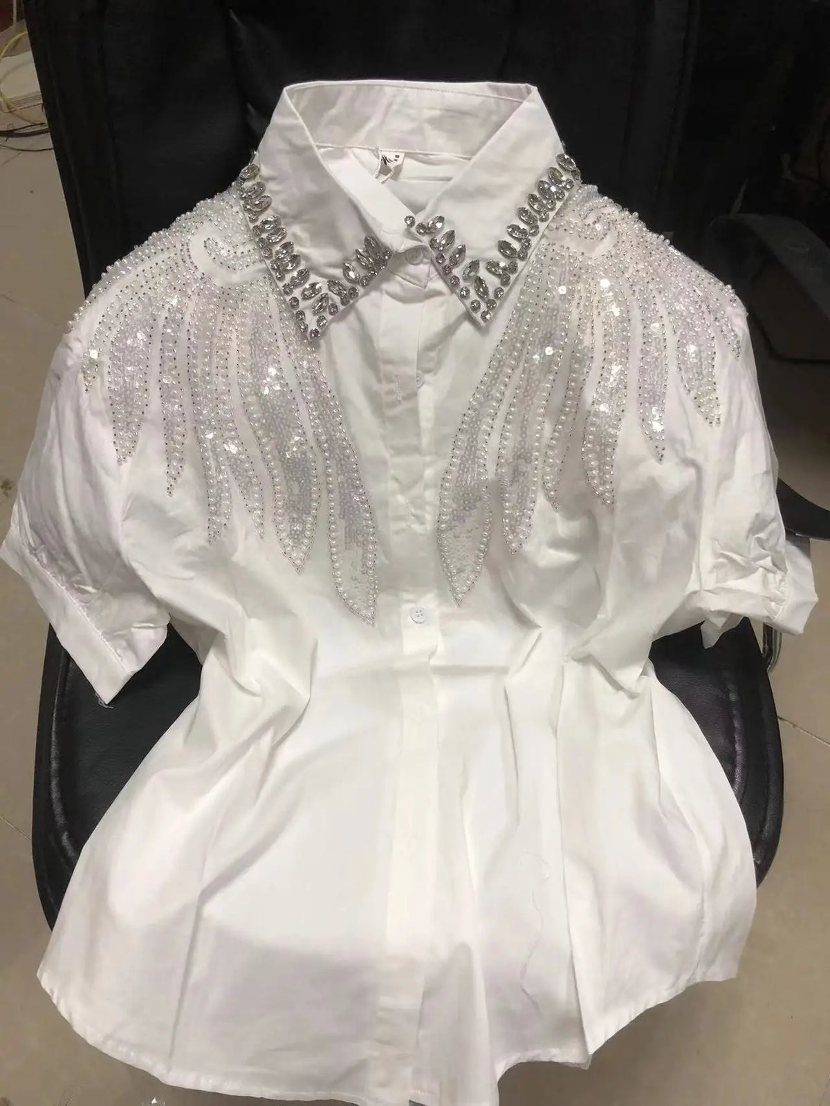 Blusas de Algodón con Cuentas y Lentejuelas Bordadas, Fotos Reales, Camisas de Mujer, Verano 2026, Manga Corta, Tops de Oficina para Dama, Camisas de Mujer
