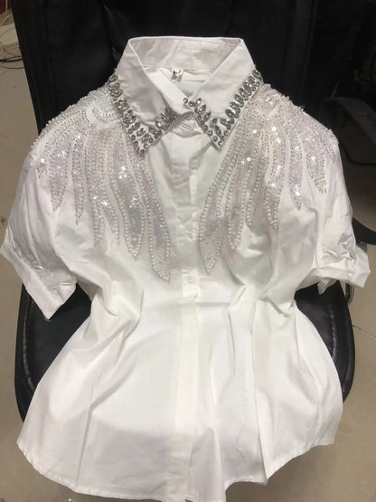 Blusas de Algodón con Cuentas y Lentejuelas Bordadas, Fotos Reales, Camisas de Mujer, Verano 2026, Manga Corta, Tops de Oficina para Dama, Camisas de Mujer