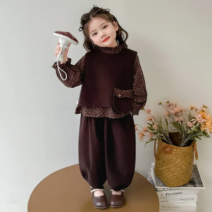 Ropa de moda para niñas 2025, otoño, nueva camisa Floral, chaleco y pantalones de Color sólido, conjunto de 3 piezas de pana