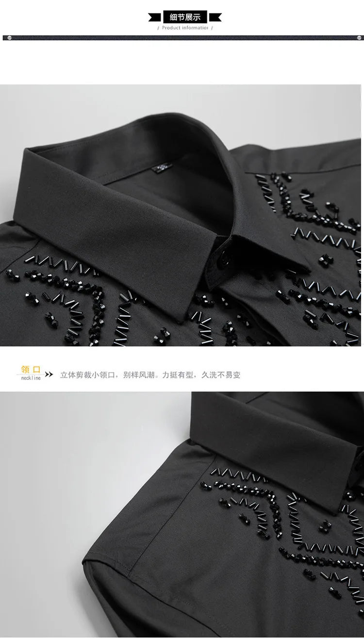 Camisa de lujo hecha a mano con cuentas para hombre, camisas de vestir informales ajustadas de manga larga para negocios, fiesta Social, banquete, escenario, estrella, ropa para hombre