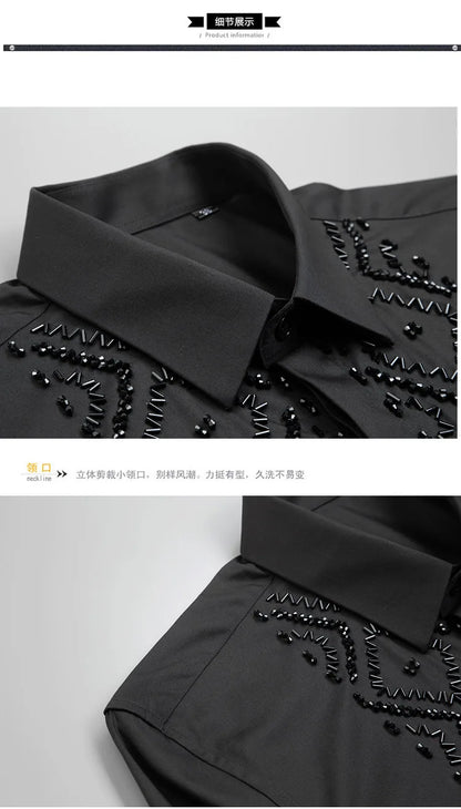 Camisa de lujo hecha a mano con cuentas para hombre, camisas de vestir informales ajustadas de manga larga para negocios, fiesta Social, banquete, escenario, estrella, ropa para hombre