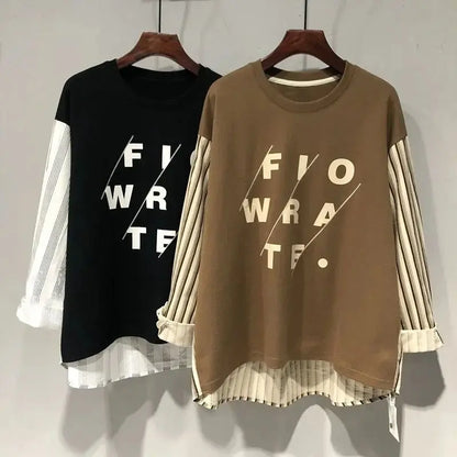 Sudadera de manga larga con estampado de letras para mujer, ropa de calle de gran tamaño, retales a rayas, Tops irregulares Y2K, moda coreana