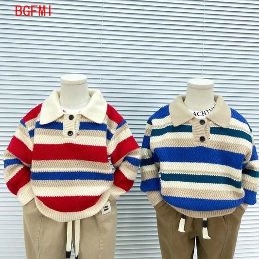 Nuevo suéter para niños, suéter de punto a rayas gruesas, jersey de otoño e invierno para niños, Top informal para niños, abrigo con cuello POLO para bebés y niños pequeños