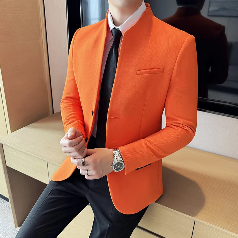 Chaqueta de traje con cuello levantado de alta calidad para hombre, chaquetas de negocios informales, abrigo coreano con gofres para boda, novio, banquete, vestido de fiesta, 2025