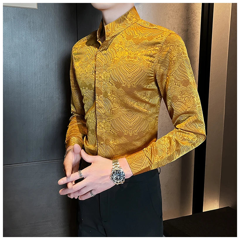 Camisas estampadas de manga larga con cuello levantado para primavera y otoño, camisa informal de moda para hombre de estilo chino Formal Social de negocios