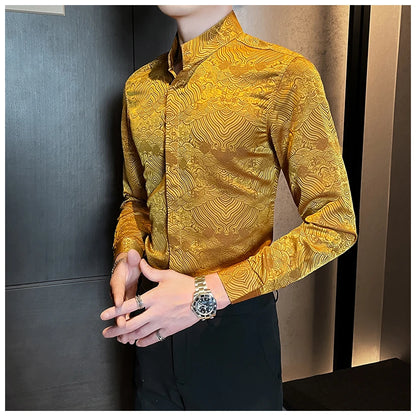 Camisas estampadas de manga larga con cuello levantado para primavera y otoño, camisa informal de moda para hombre de estilo chino Formal Social de negocios