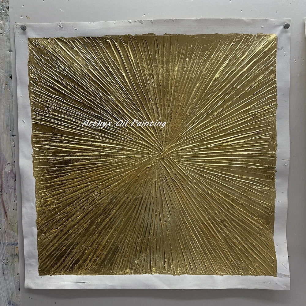 Pintura al óleo de sol dorado texturizada abstracta pintada a mano al 100% sobre lienzo, póster de arte grande moderno, imagen de pared, decoración del hogar