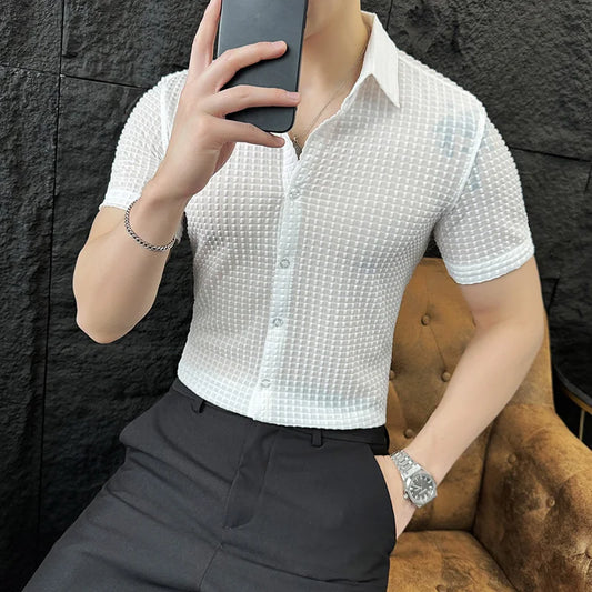 Camisa a cuadros de alta elasticidad para hombres, camisas de negocios casuales de manga corta, ropa de calle Social, clubes nocturnos, ropa de verano