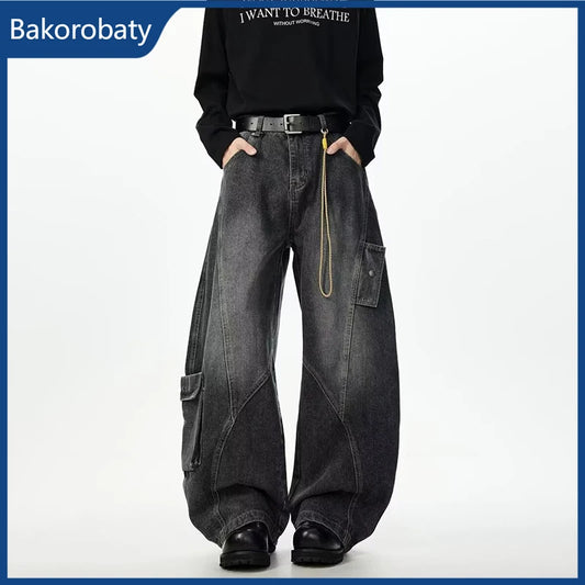 Jeans Cargo Casuales Americanos con Bolsillos para Hombre, Pantalones Vaqueros de Moda Urbana, Pantalones Hombre con Corte Recto y Pierna Ancha