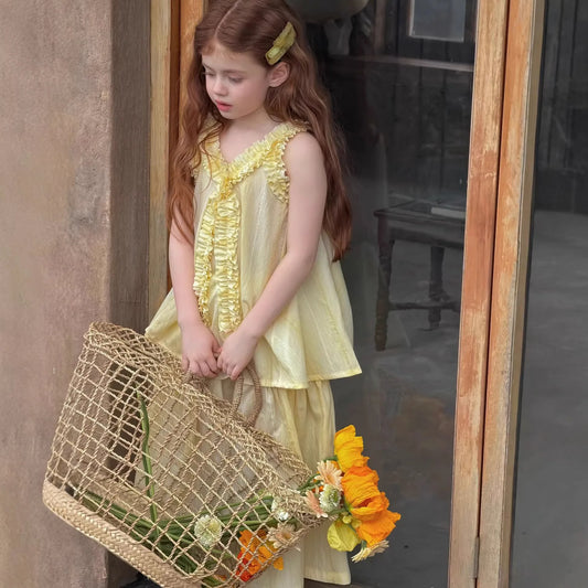 Conjunto de Falda y Pantalones a Rayas con Volantes para Niñas, Primavera-Verano 2026, Nuevo Conjunto de Dos Piezas con Chaleco de Encaje y Pantalones Anchos