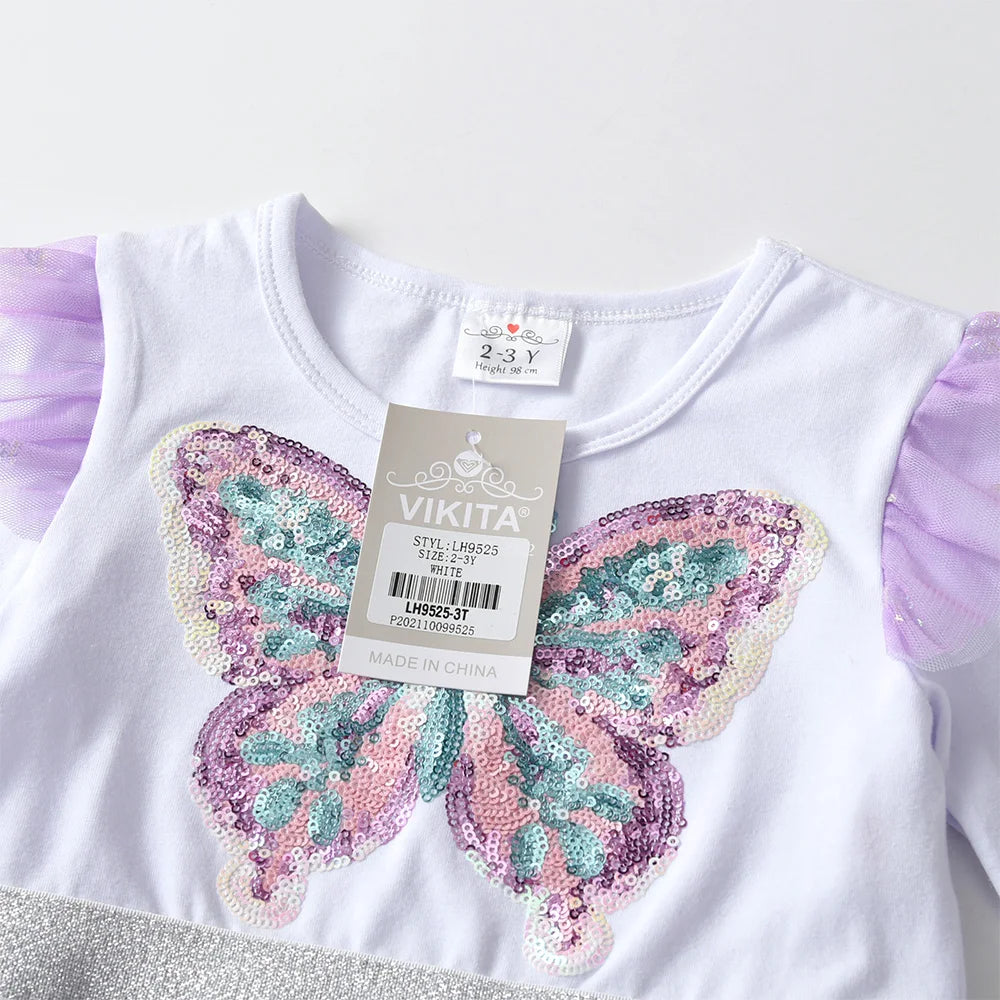 VIKITA niñas mariposa vestido elegante con lentejuelas niños otoño primavera púrpura gradiente malla tul princesa fiesta actuación vestido de graduación