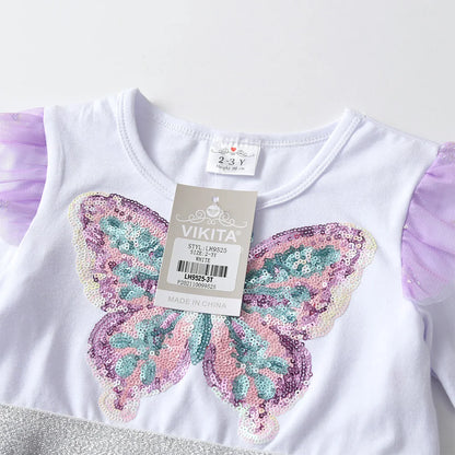 VIKITA niñas mariposa vestido elegante con lentejuelas niños otoño primavera púrpura gradiente malla tul princesa fiesta actuación vestido de graduación