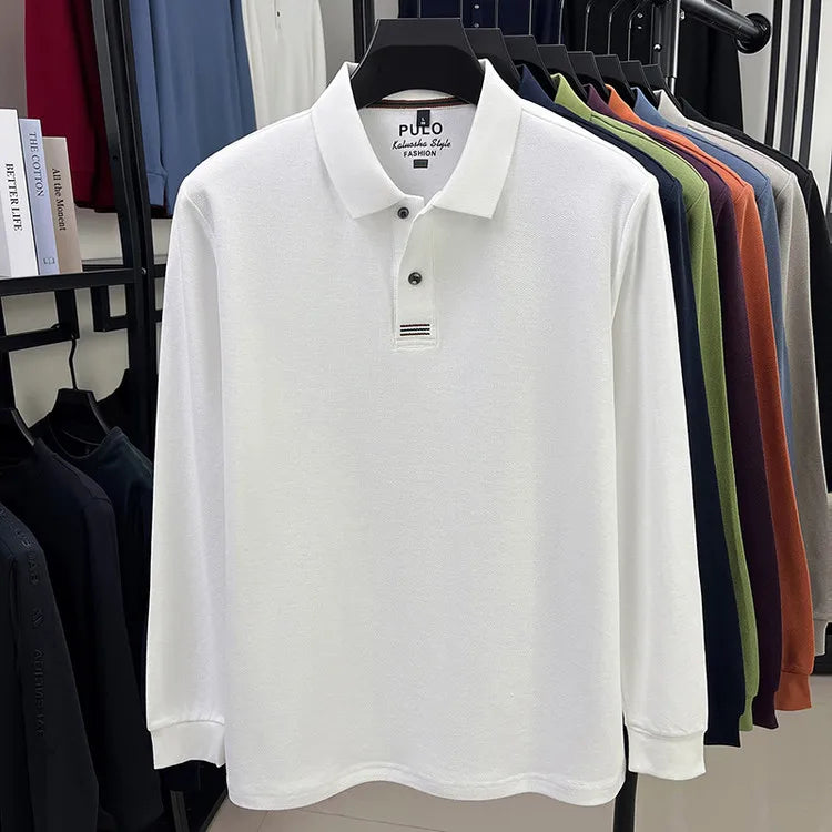 Polo de manga larga de otoño 2025 para hombre, 100% algodón transpirable, estilo informal de negocios con cuello de algodón clásico