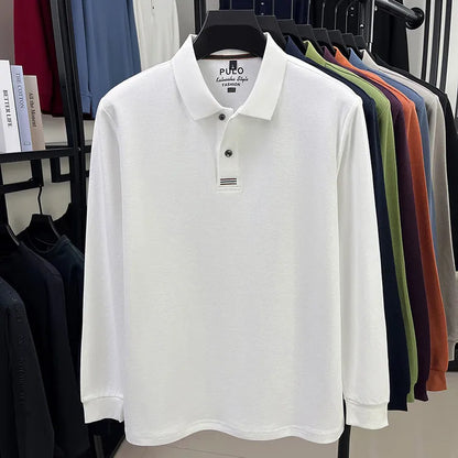 Polo de manga larga de otoño 2025 para hombre, 100% algodón transpirable, estilo informal de negocios con cuello de algodón clásico
