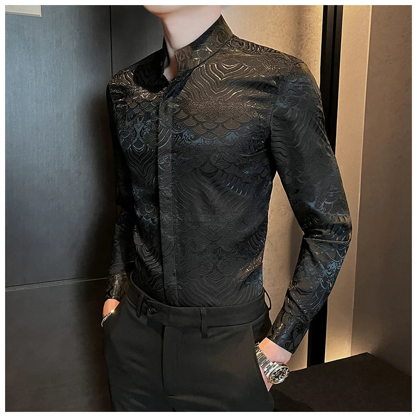 Camisas estampadas de manga larga con cuello levantado para primavera y otoño, camisa informal de moda para hombre de estilo chino Formal Social de negocios