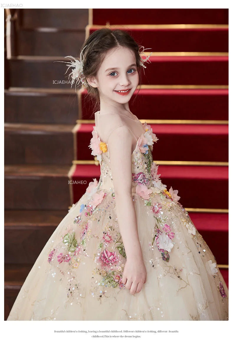 Vestido de fiesta de estilo francés para niñas con flores para el pequeño presentador Piano Recital flor niña boda niños vestido de desfile vestidos