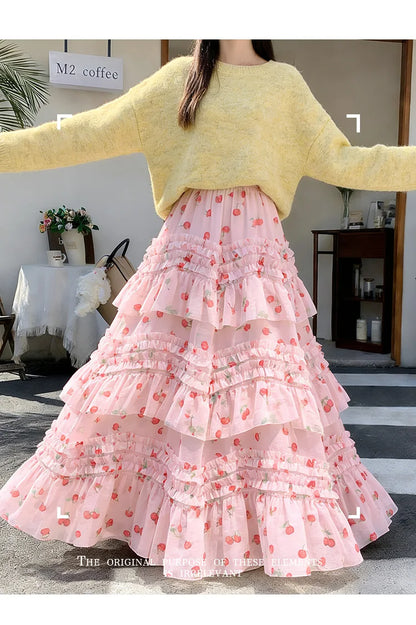 Primavera Verano 2026 Falda Larga de Tul Estampada de Cintura Alta con Empalmes Asimétricos, Falda de Pastel Colorida, Estilo...