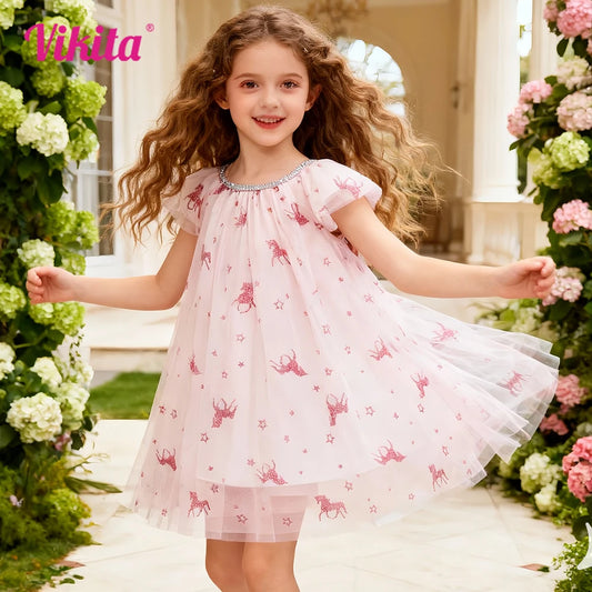 VIKITA-vestido de tul rosa para niñas, Vestidos de fiesta de hadas de princesa con estampado de estrellas y unicornios brillantes, trajes para niños