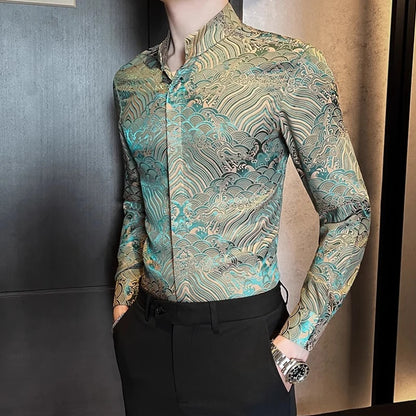 Camisas estampadas de manga larga con cuello levantado para primavera y otoño, camisa informal de moda para hombre de estilo chino Formal Social de negocios