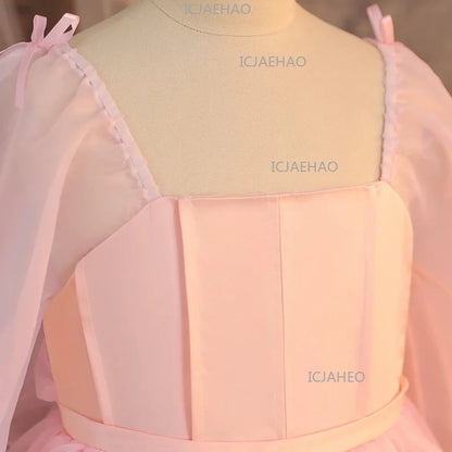 Vestido de Cumpleaños para Niñas, Disfraz de Dama de Honor, Vestido de Princesa de Tul Blanco de Manga Larga, Traje de Gala para Niñas