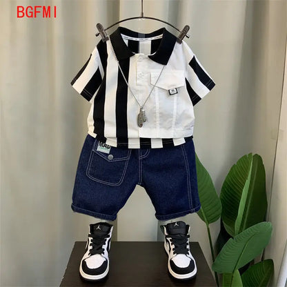 Conjunto de dos piezas de manga corta para niño adolescente, Polo a rayas, pantalones cortos Vaqueros, ropa coreana, verano, nuevo, 2-11 años