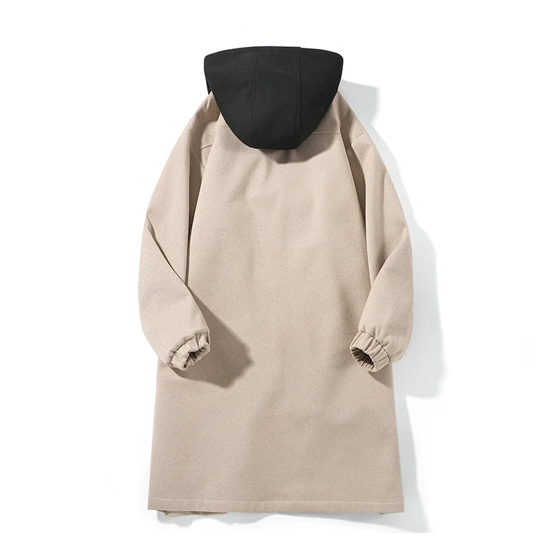 Spring Autumn Fashion false two-Piece Trench Men Hooded Long Outwear Coats Male Loose Single Breasted Casual Windbreaker Jackets