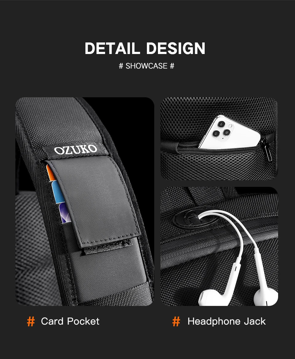 OZUKO-Bolso bandolera informal con carga USB para hombre, bandolera multifunción, bandolera antirrobo, bolso impermeable para hombre