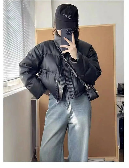 Nueva Chaqueta Corta de Mujer 2024 de Cuero PU Grueso con Relleno de Algodón, Estilo Abrigo Acolchado Cálido de Invierno, Ide...