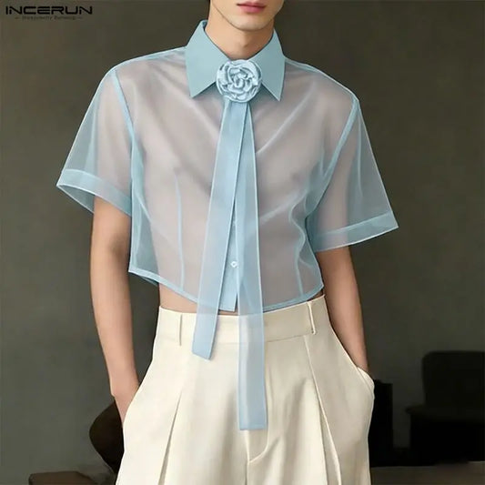 INCERUN Men's Shirt Mesh Patchwork Flower Lapel Short Sleeve Men Clothes Streetwear See Through 2026 Fashion Crop Tops For Man