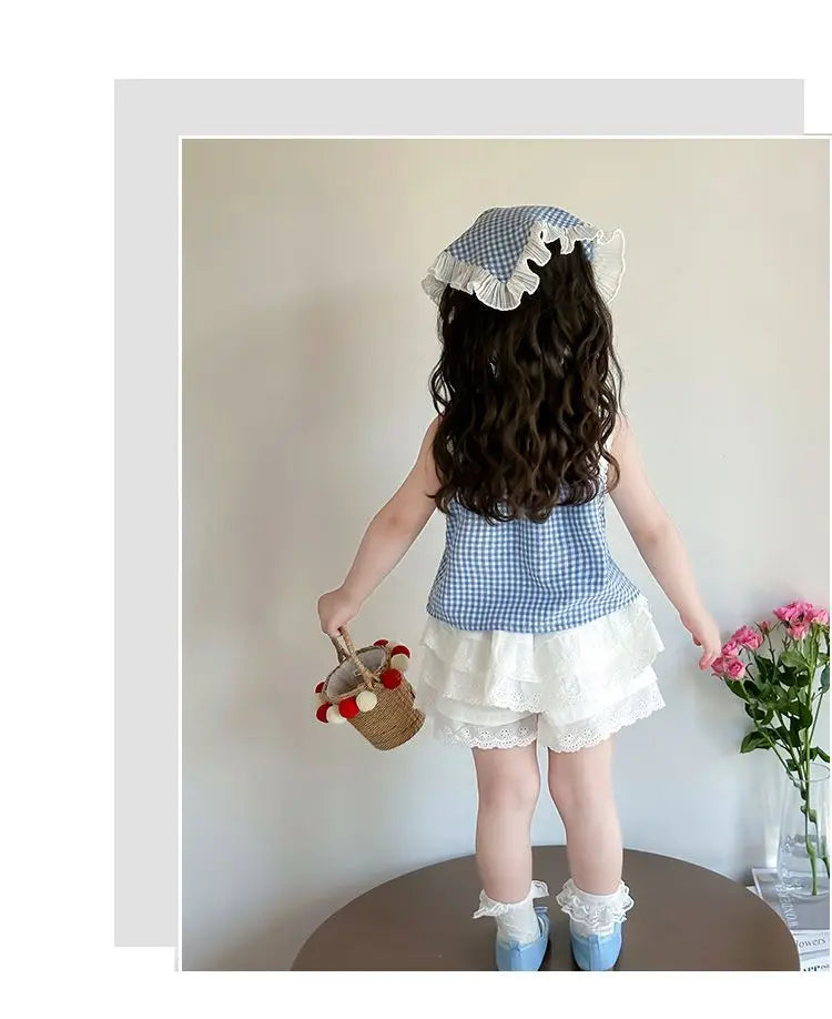 Conjunto de Dos Piezas con Estampado a Cuadros para Niñas, Top Halter con Cuello en V y Falda Corta, Mezcla de Algodón y Poli...