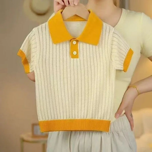 Children's Summer T-Shirt 2026 New Fashion Color Block Hollow Knit Breathable Polo Shirt Cool Boys Girls Tops Clothing