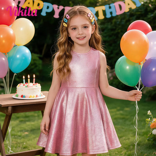 VIKITA-vestido sin mangas de poliéster para niñas, ropa informal brillante para escenario, actuación, fiesta, Princesa, Verano