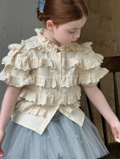 Camisa de Manga Corta con Volantes y Encaje para Niñas, Primavera-Verano 2026, Estilo Retro y Lindo