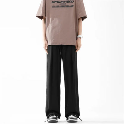 Pantalones bombachos holgados rectos lisos de verano para hombre, pantalones de chándal drapeados deportivos informales, pantalones de pierna ancha con cordón, novedad de 2025